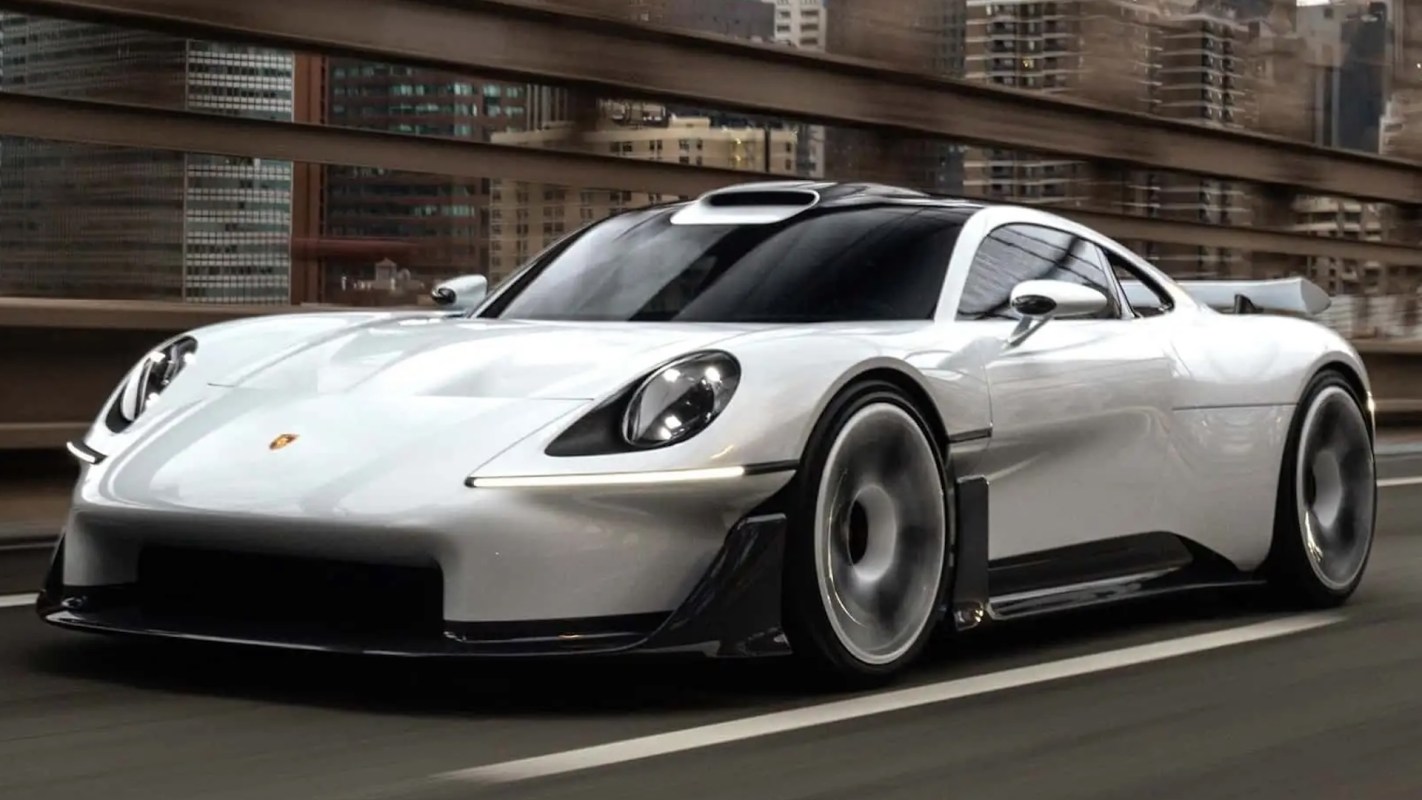A Porsche Mission S Concept on a city street.