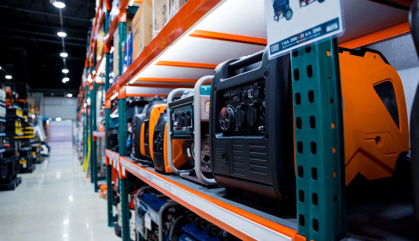 Portable generators on a store shelf.
