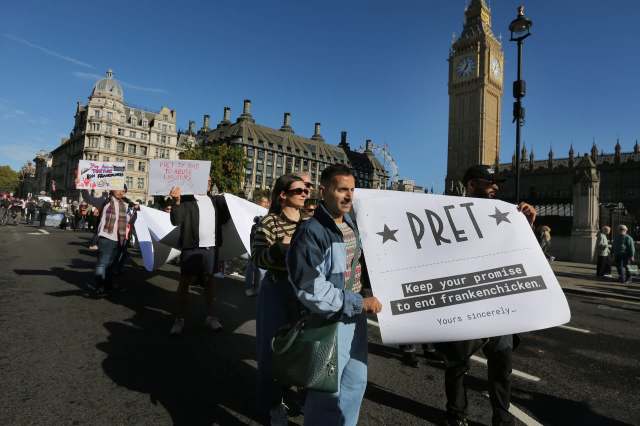 Protesters hold signs advocating against animal abuse near the Big Ben clock tower in London.