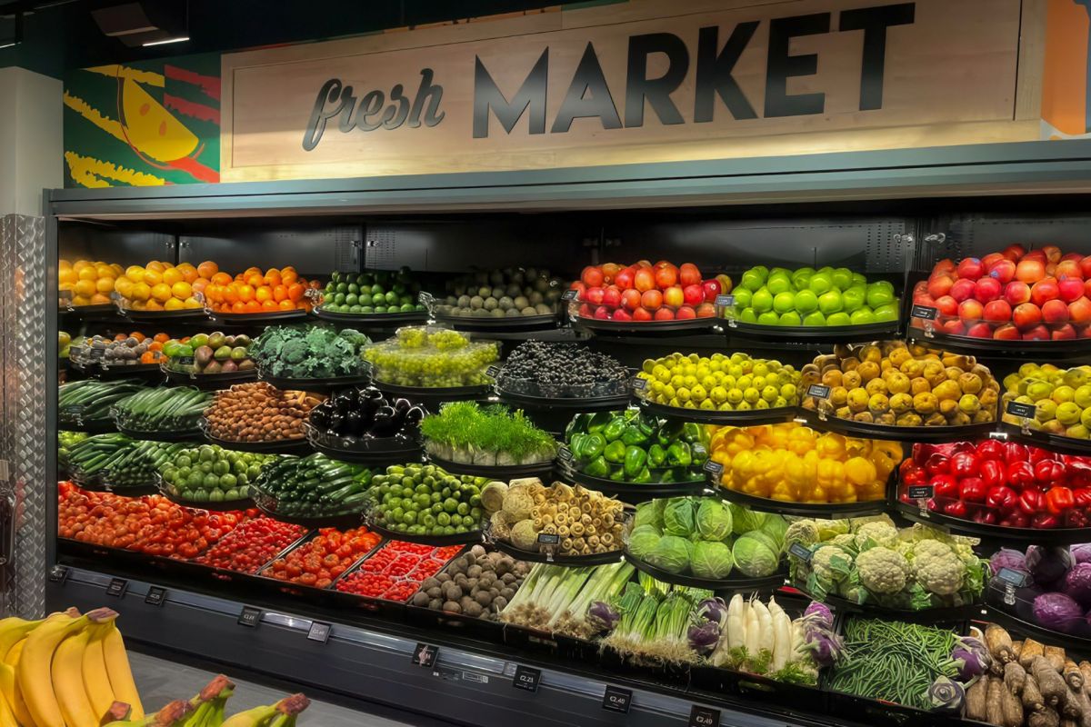 Fruits and vegetables in a grocery store.