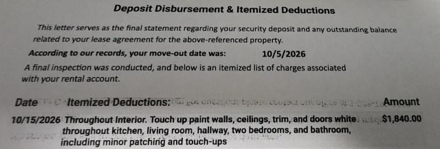 A deposit deduction letter for $1,840.
