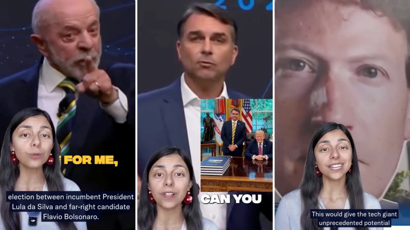 A triptych showing a woman talking about Brazil's two presidential candidates and Mark Zuckerberg.
