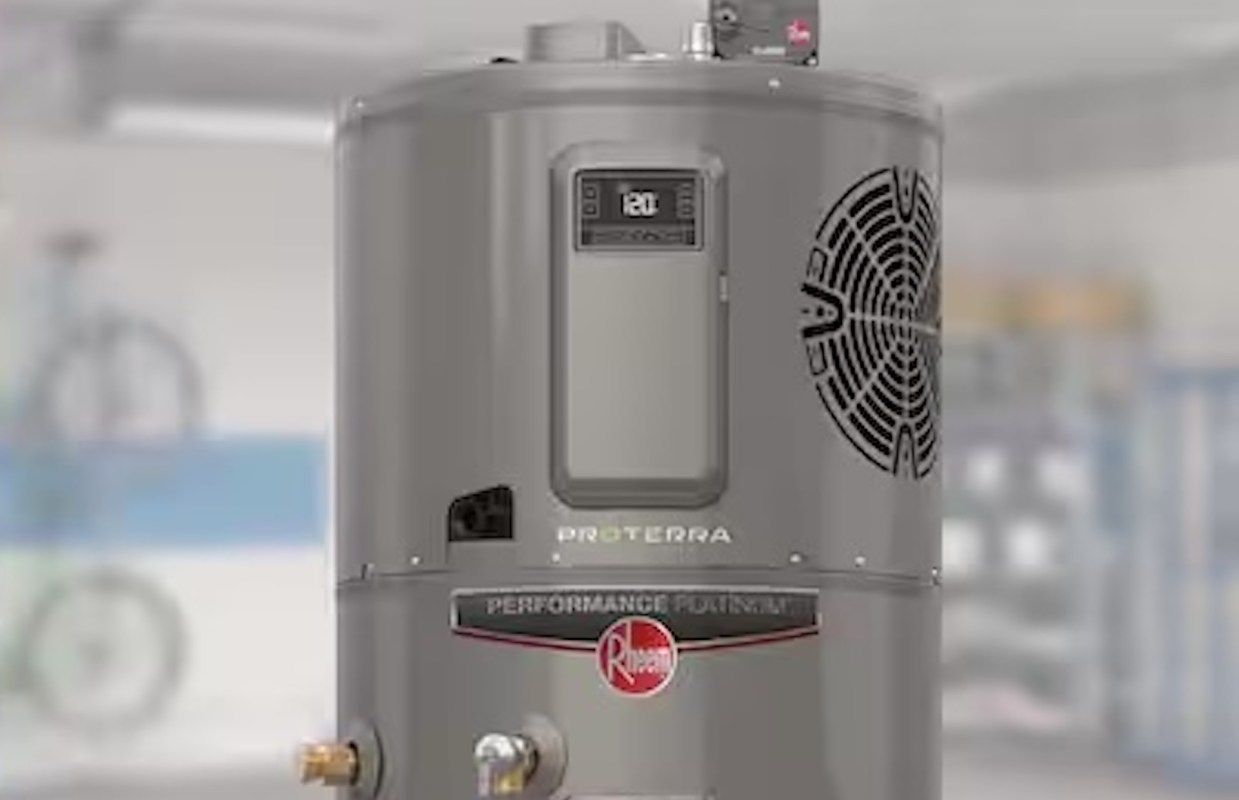 A gray Rheem hot water heater with a digital display and branding in a garage setting.