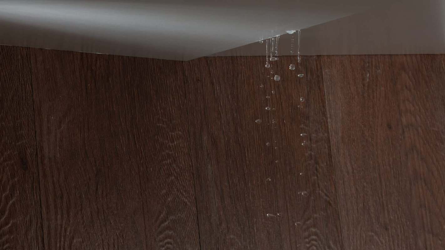 Water droplets drip from a corner onto a wooden floor.