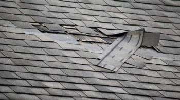A damaged roof with lifted shingles and exposed wooden decking.