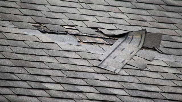 A damaged roof with lifted shingles and exposed wooden decking.