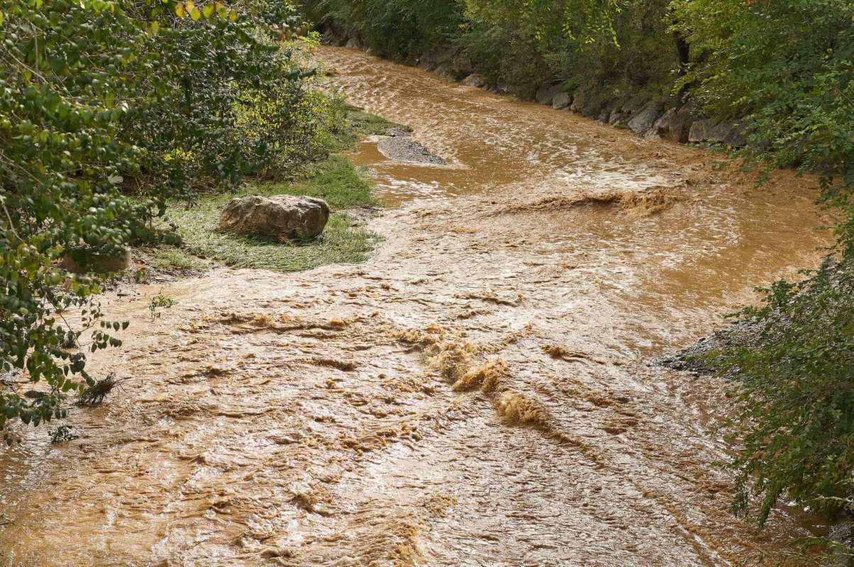 A muddy, flooding riverbank.