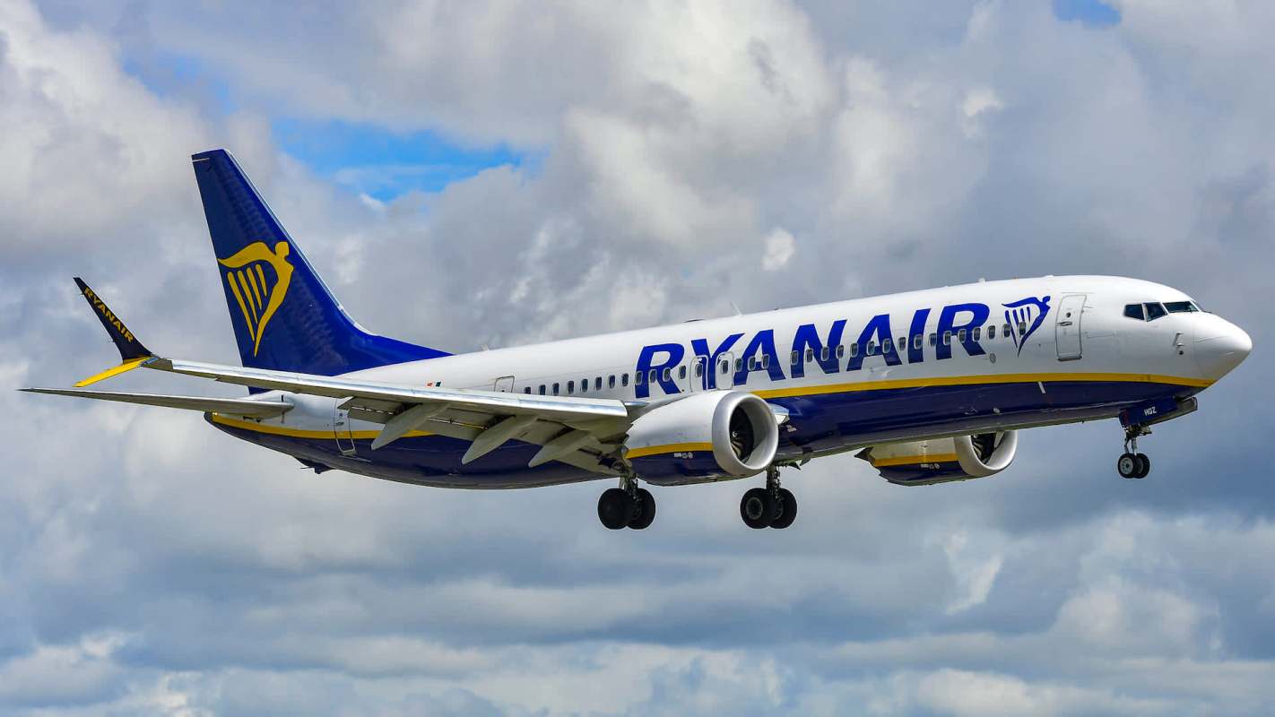 A Ryanair plane approaching for landing.