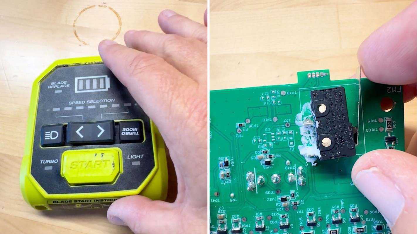 A hand operates a control panel, while another hand holds a circuit board with components.