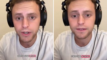 A person wearing headphones speaks on screen with text overlays.