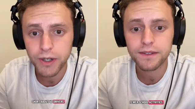 A person wearing headphones speaks on screen with text overlays.