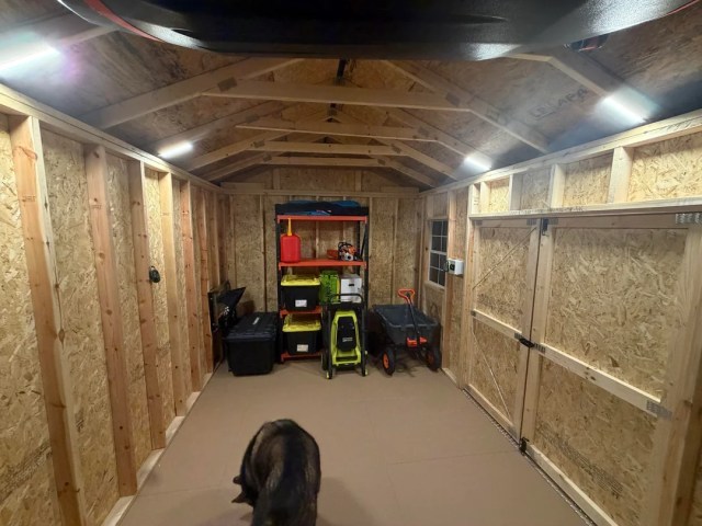The inside of a shed.