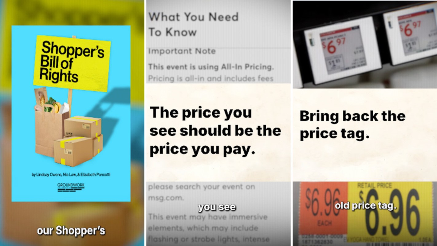 A sign reads "Shopper's Bill of Rights" with bags and boxes in the foreground, alongside pricing information from a store.