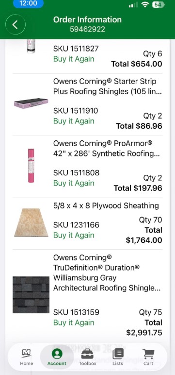 Oder information for roofing supplies.