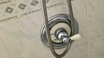A shower control panel with a chrome handle and a flexible shower hose.