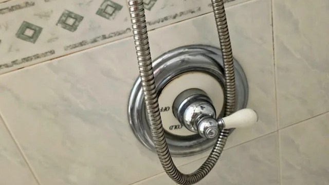 A shower control panel with a chrome handle and a flexible shower hose.