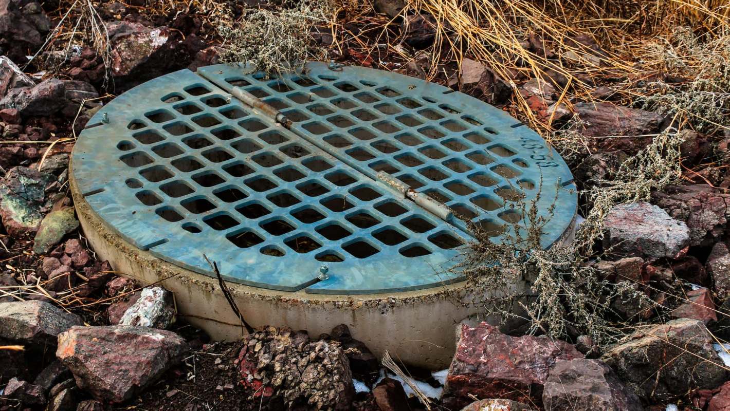 A circular manhole cover surrounded by rocks and dry vegetation.