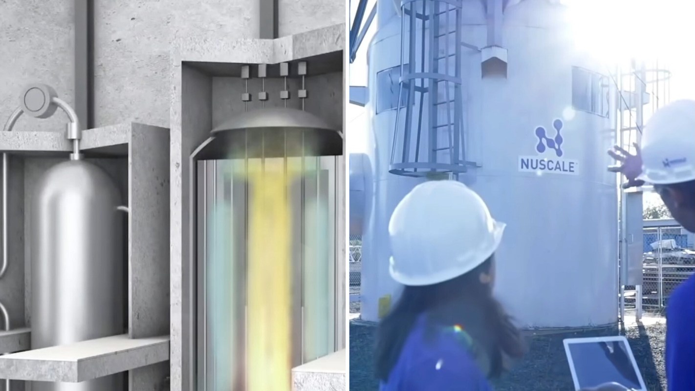 An illustration of a nuclear reactor mechanism alongside a NUSCALE facility with workers.