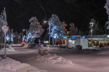 A snowy street at night decorated with lights and lined by snow-covered trees.