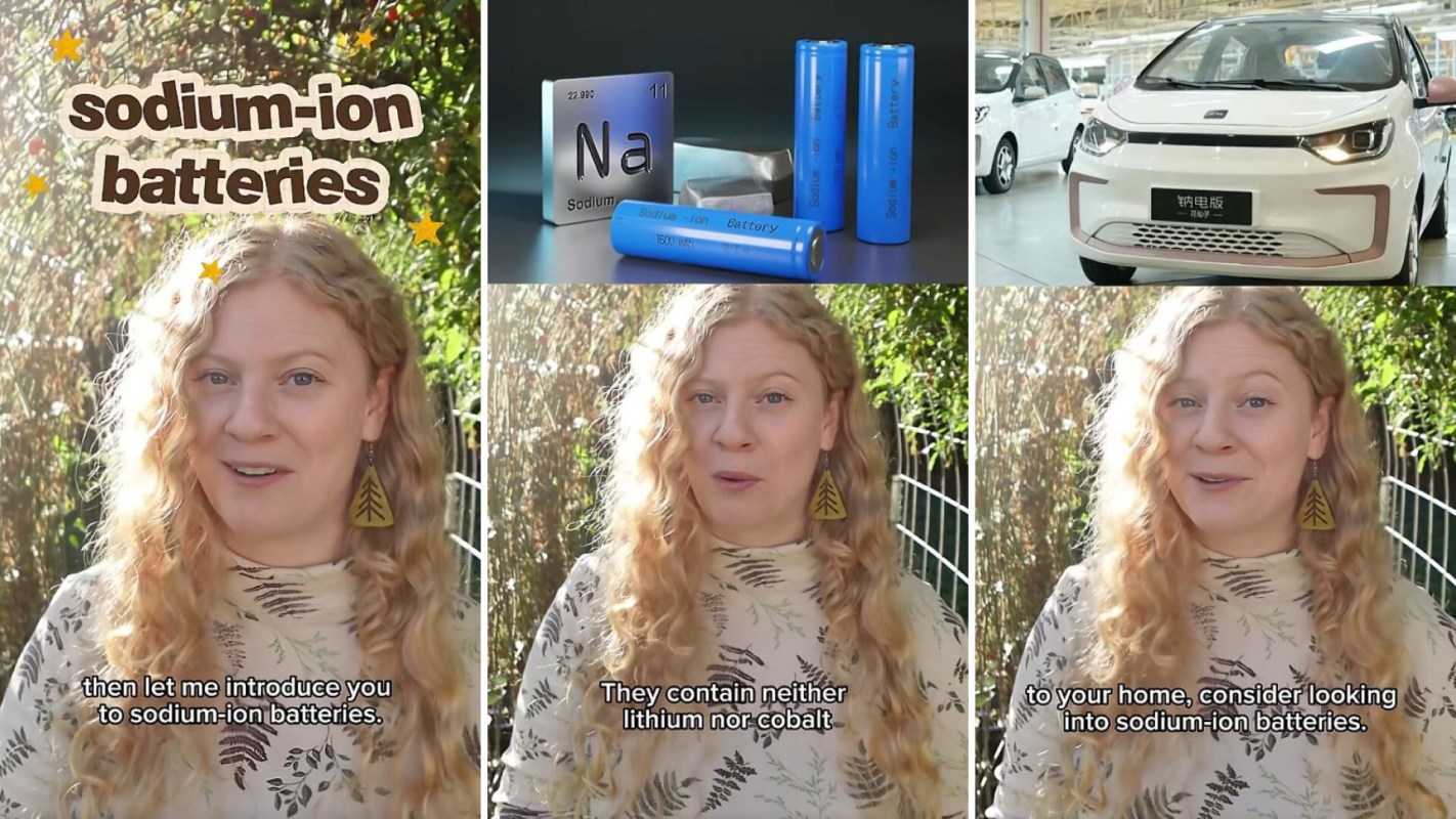 A woman speaks about sodium-ion batteries with a background of greenery.