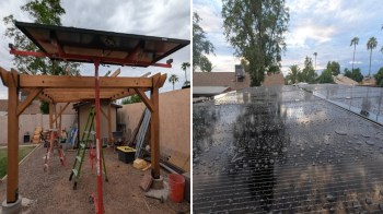 A wooden pergola under construction with solar panels and tools in a backyard.