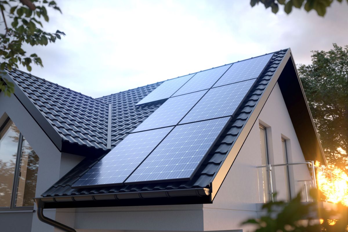 A roof with solar panels and a window on a modern house with trees in the foreground.