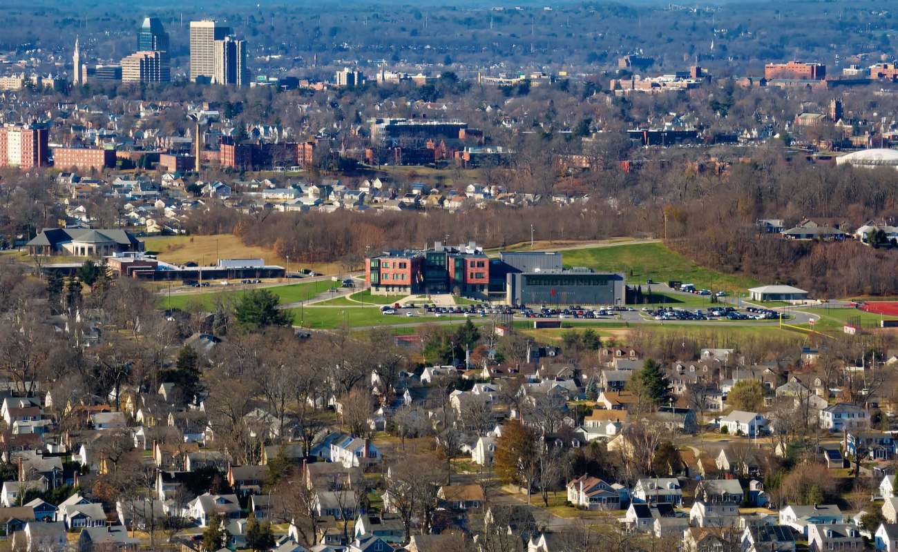 A view of Springfield, Massachusetts, featuring a mix of residential areas and commercial buildings.