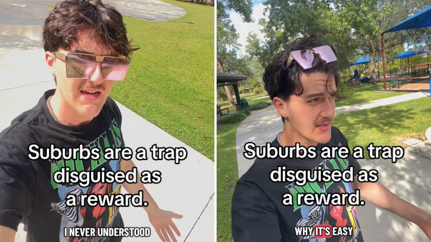 A person walks in a park while discussing suburbs as a trap disguised as a reward.