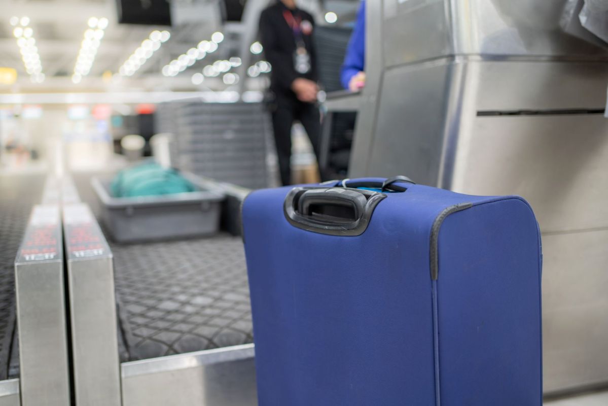A suitcase at an airport.