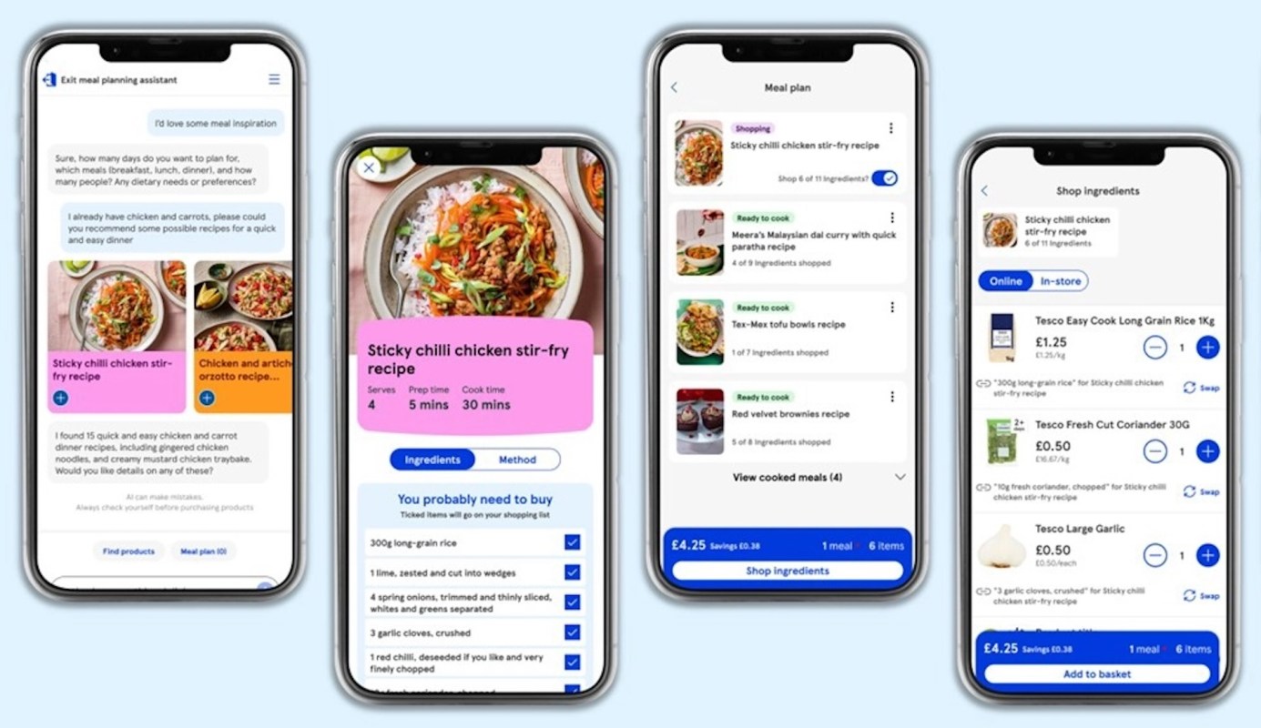 A smartphone screen displaying a Tesco meal planning app with various recipes and a shopping list.