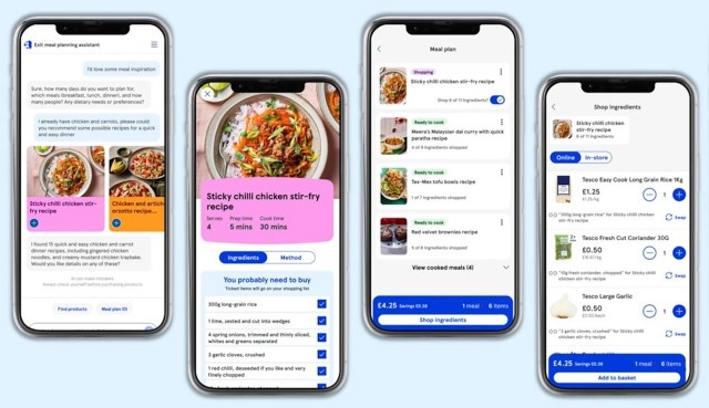 A smartphone screen displaying a Tesco meal planning app with various recipes and a shopping list.