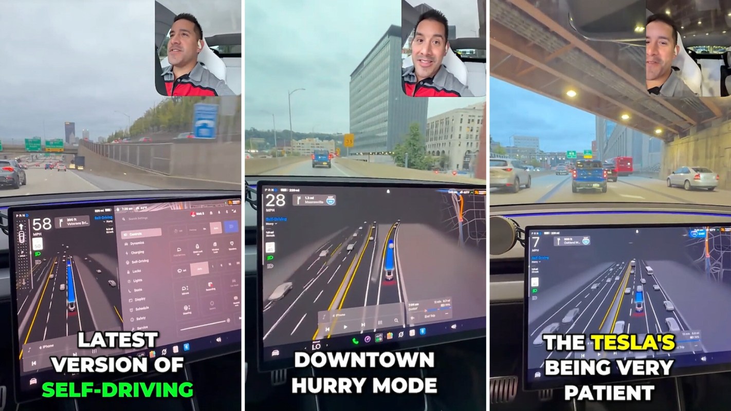 A self-driving car's dashboard displays navigation and speed while driving in a city.