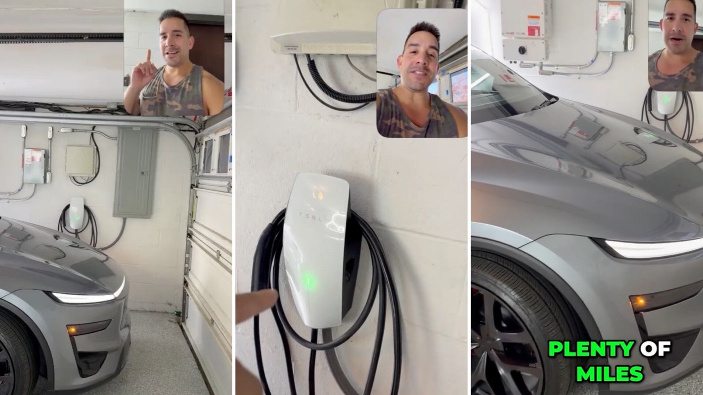 A garage scene featuring a Tesla charging station and a gray electric vehicle, with the speaker in an inset photo.