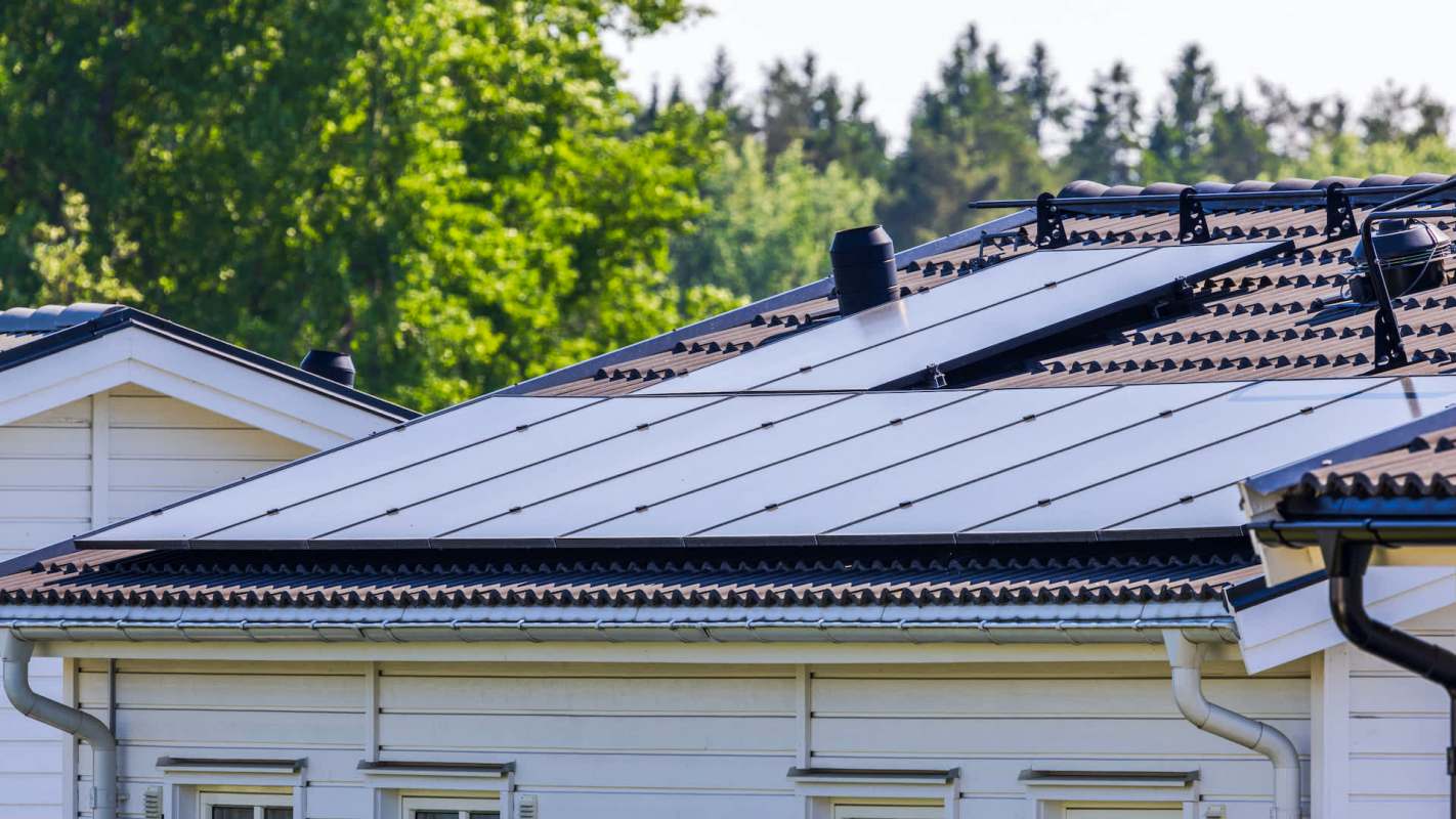A rooftop with solar panels.