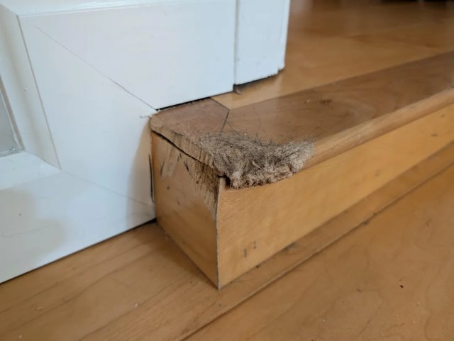 A damaged wooden step.