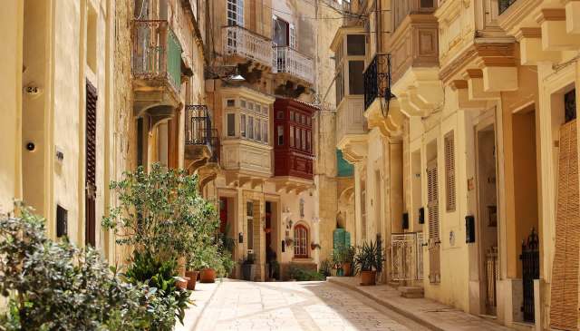 A narrow street in Valletta, Malta.
