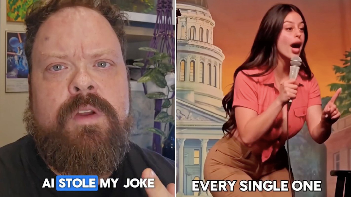A man gestures while speaking, and a woman performs comedy on stage with a microphone.