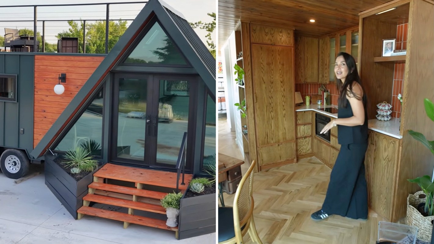 A modern A-frame tiny house with a wooden deck and a cozy kitchen interior.