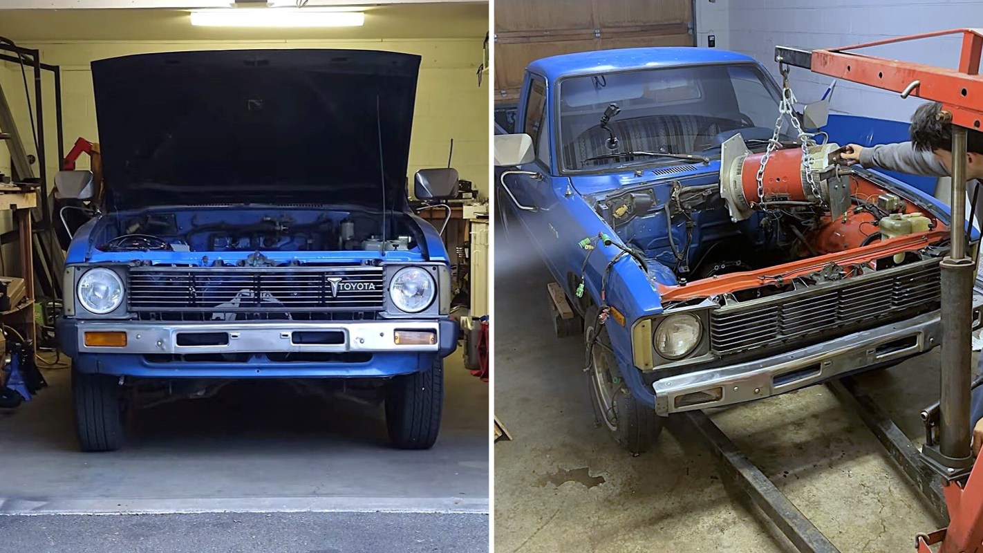 A blue Toyota pickup with an open hood in a workshop.