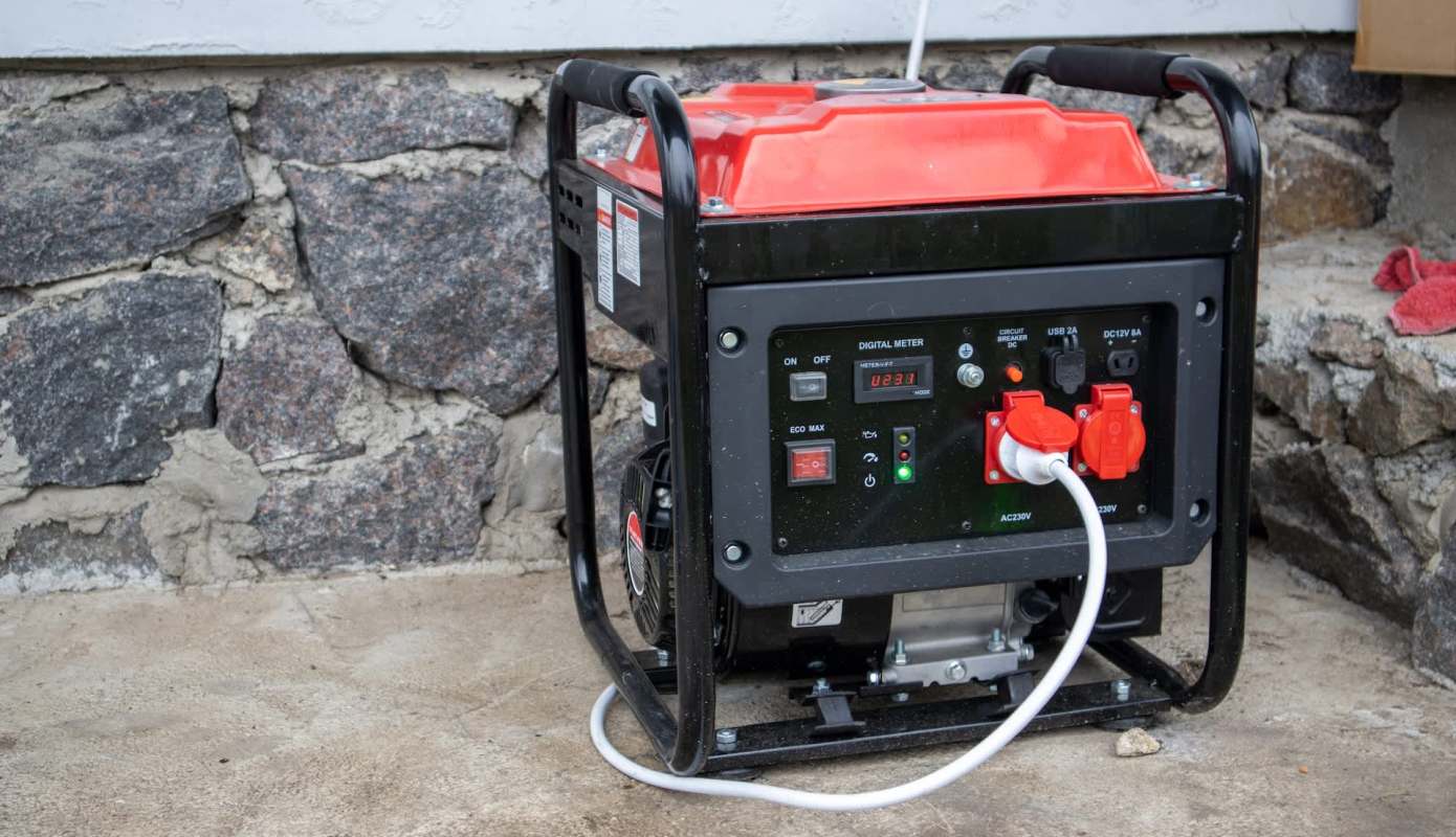 A portable generator with a digital display and multiple outlets, placed beside a stone wall.