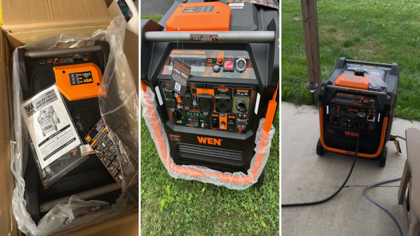 A WEN generator displayed in its box, next to an outdoor view, and connected with a cable.