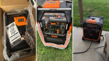 A WEN generator displayed in its box, next to an outdoor view, and connected with a cable.