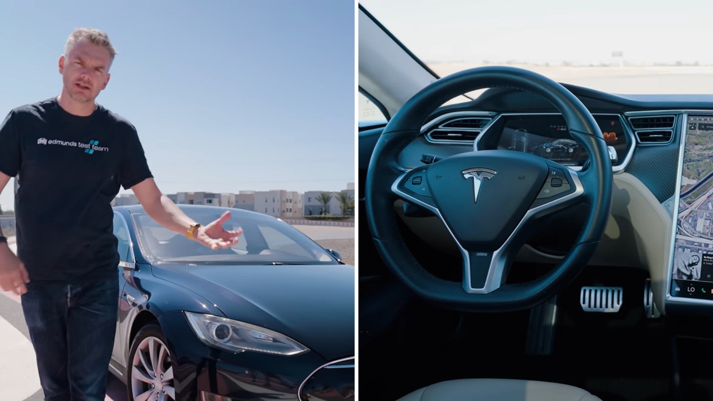 A man stands next to a Tesla car, with an interior view of the vehicle's dashboard and touchscreen display.