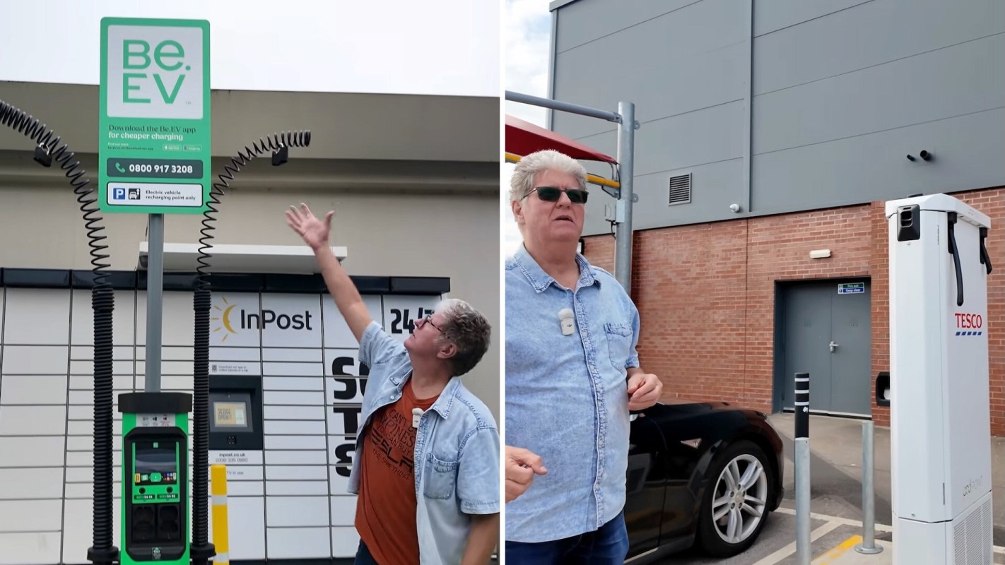 A person gestures toward an unusable electric vehicle charging station.