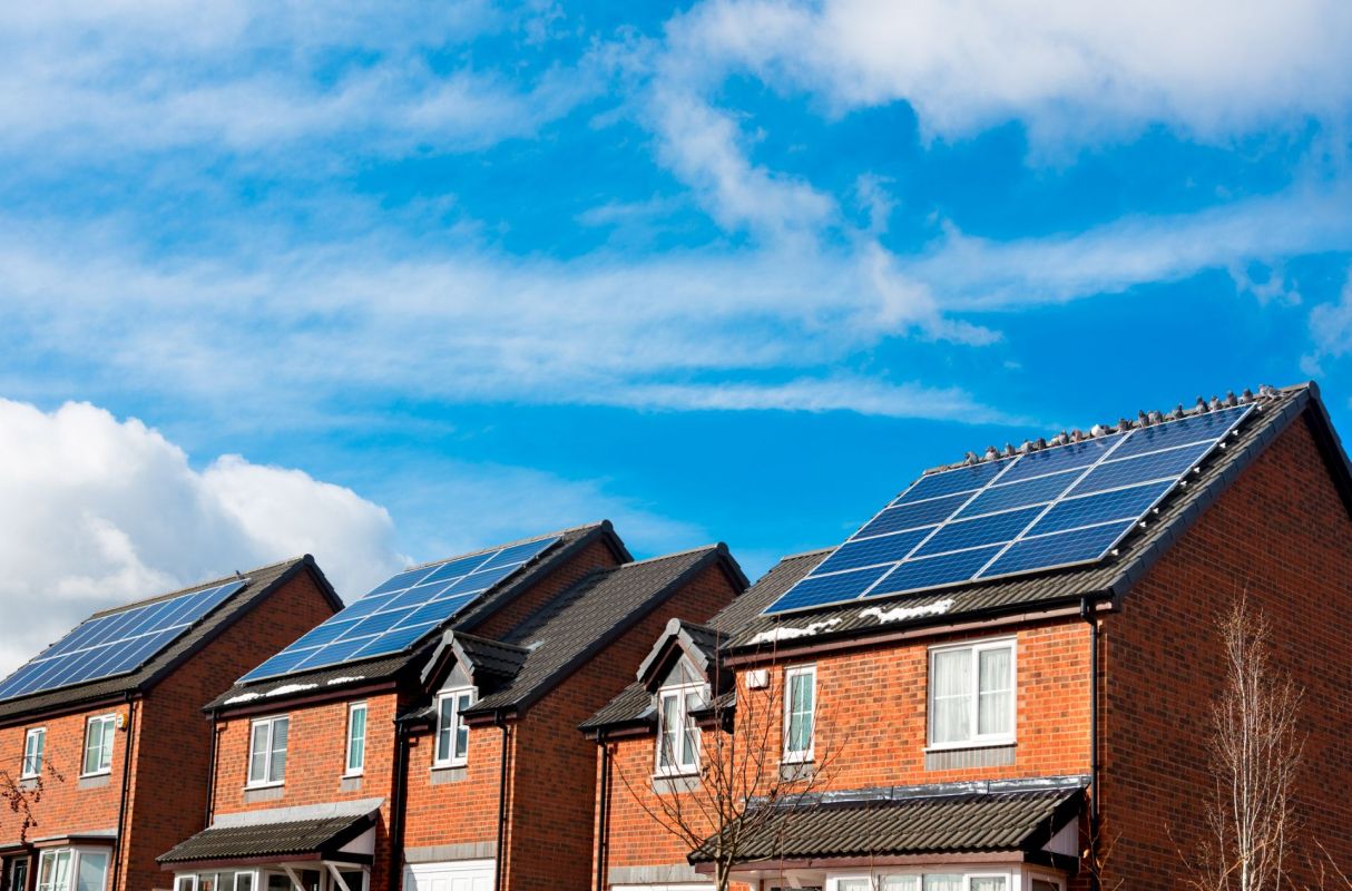 Solar panels on roofs of English homes.