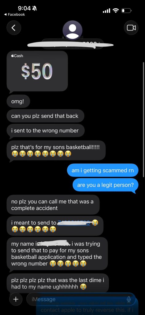 A person asking for money back in an Apple Cash exchange.