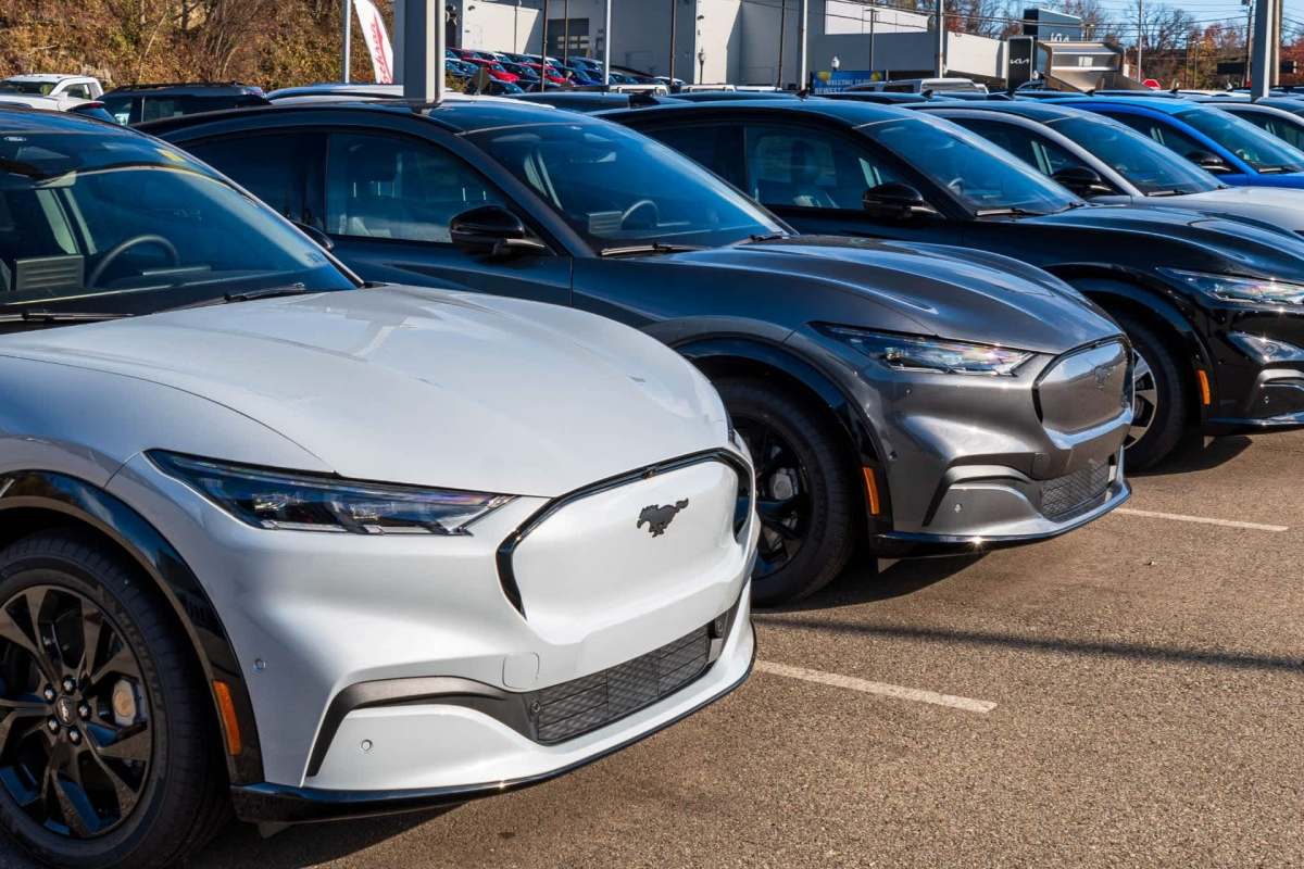 A row of electric vehicles parked in a dealership lot.