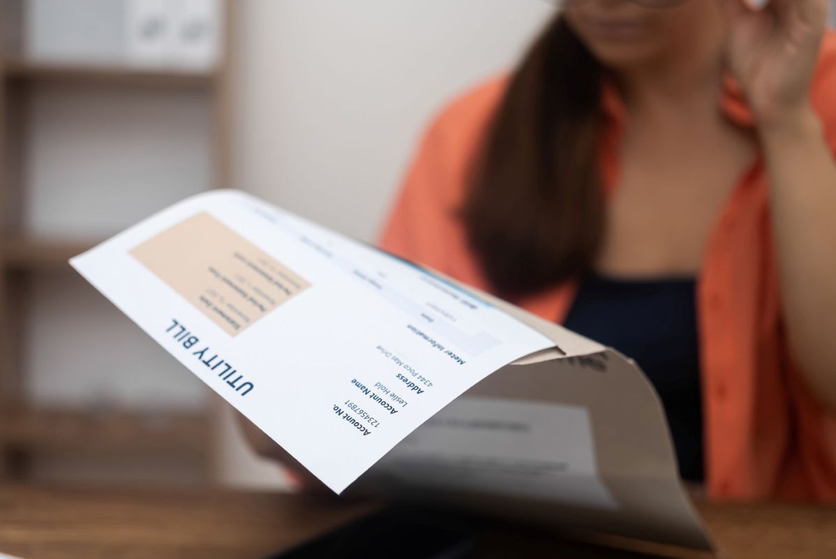 A woman looking at a utility bill.