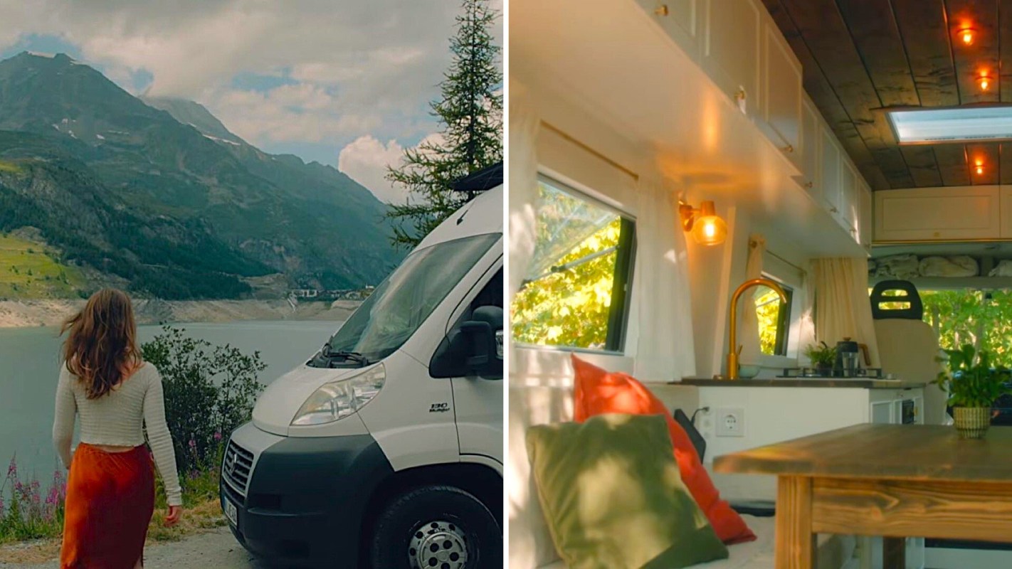 Content creator Ev with a self-built van home by a lake.