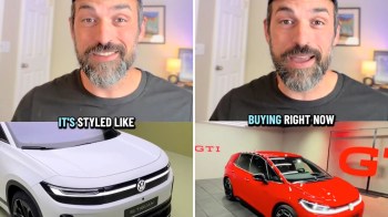 A man discusses Volkswagen cars alongside images of a white and a red vehicle.